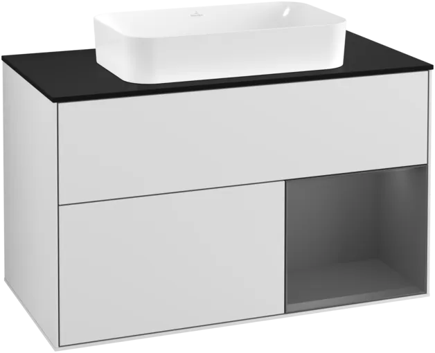 VILLEROY BOCH Toaletní skříňka Finion, s osvětlením, 2 výsuvy, 1000 x 603 x 501 mm, bílý matný lak / antracitový matný lak / černé matné sklo #F252GKMT