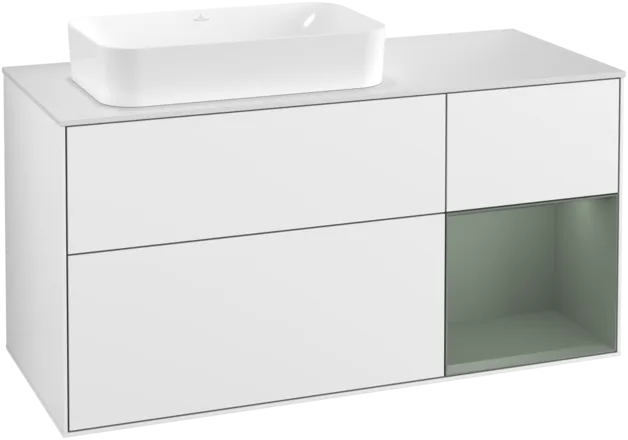 VILLEROY BOCH Toaletní skříňka Finion, s osvětlením, 3 výsuvy, 1200 x 603 x 501 mm, lesklý bílý lak / olivově matný lak / sklo bílé matné #F281GMGF
