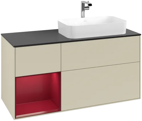 VILLEROY BOCH Toaletní skříňka Finion, s osvětlením, 3 výsuvy, 1200 x 603 x 501 mm, Silk Grey Matt Lacquer / Peony Matt Lacquer / Glass Black Matt #F272HBHJ