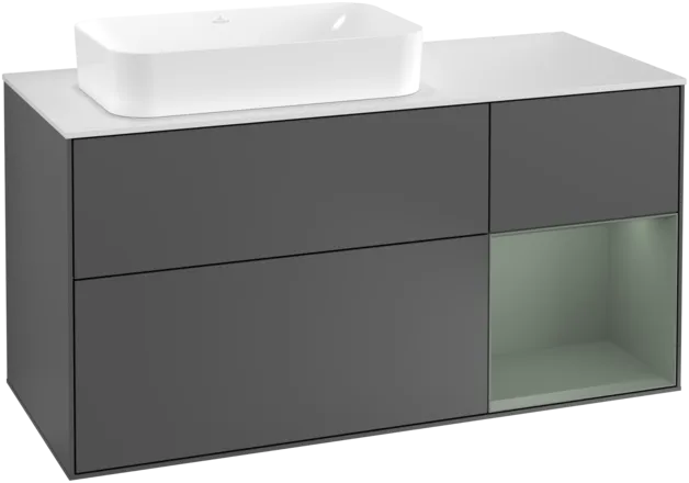 VILLEROY BOCH Toaletní skříňka Finion, s osvětlením, 3 výsuvy, 1200 x 603 x 501 mm, antracitový matný lak / olivový matný lak / bílé matné sklo #F281GMGK