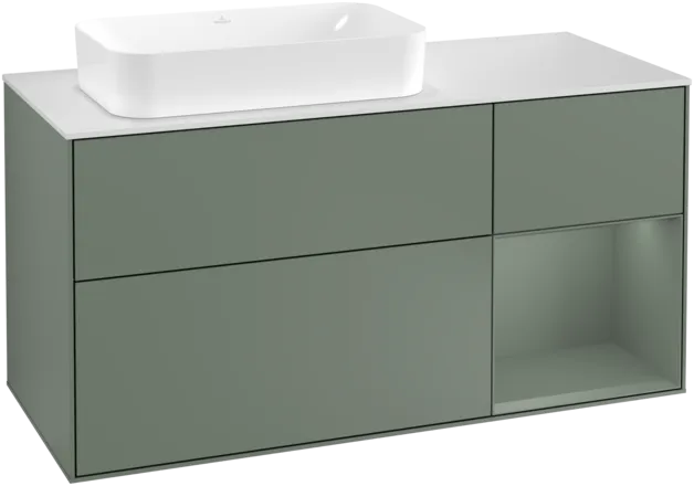 VILLEROY BOCH Toaletní skříňka Finion, s osvětlením, 3 výsuvy, 1200 x 603 x 501 mm, olivově matný lak / olivově matný lak / sklo bílé matné #F281GMGM