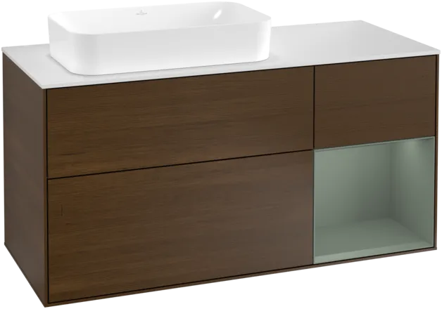VILLEROY BOCH Toaletní stolek Finion, s osvětlením, 3 výsuvy, 1200 x 603 x 501 mm, ořechová dýha / olivový matný lak / sklo bílé matné #F281GMGN