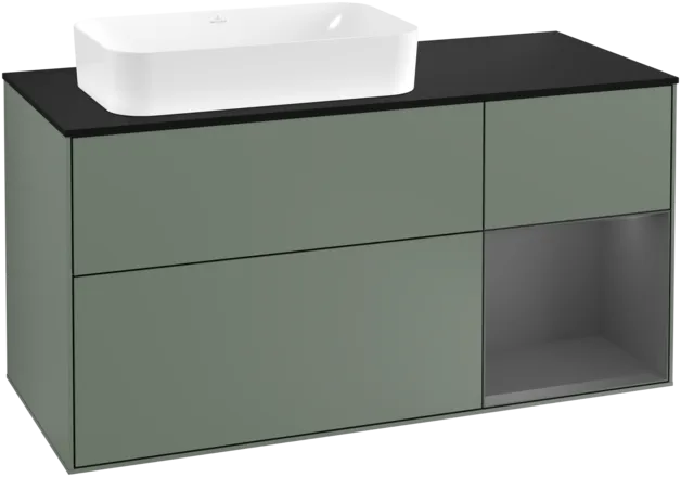 VILLEROY BOCH Toaletní skříňka Finion, s osvětlením, 3 výsuvy, 1200 x 603 x 501 mm, olivový matný lak / antracitový matný lak / černé matné sklo #F282GKGM