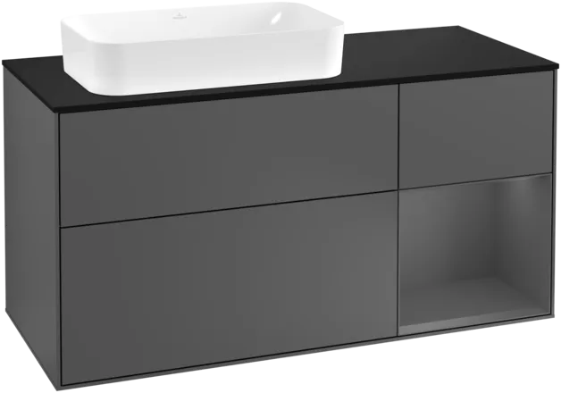 VILLEROY BOCH Toaletní skříňka Finion, s osvětlením, 3 výsuvy, 1200 x 603 x 501 mm, antracit matný lak / antracit matný lak / sklo černé matné #F282GKGK