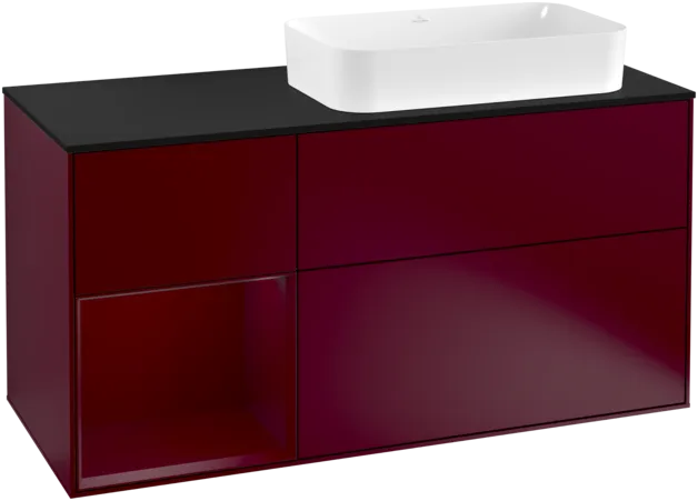 VILLEROY BOCH Toaletní skříňka Finion, s osvětlením, 3 výsuvy, 1200 x 603 x 501 mm, Peony Matt Lacquer / Peony Matt Lacquer / Glass Black Matt #F272HBHB