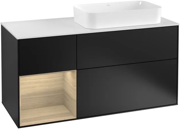 VILLEROY BOCH Toaletní skříňka Finion, s osvětlením, 3 výsuvy, 1200 x 603 x 501 mm, černý matný lak / dubová dýha / sklo bílé matné #F271PCPD