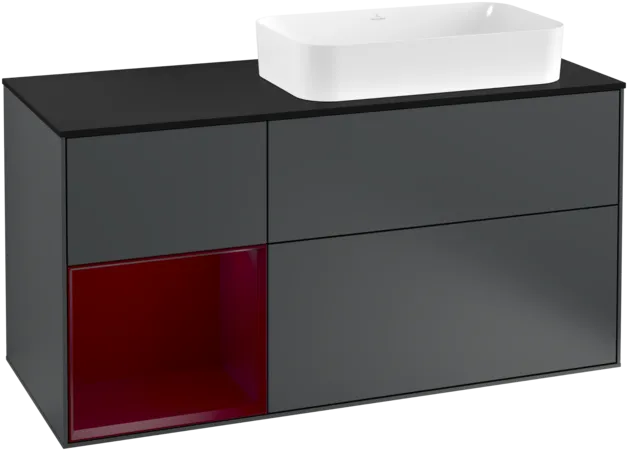 VILLEROY BOCH Toaletní skříňka Finion, s osvětlením, 3 výsuvy, 1200 x 603 x 501 mm, Midnight Blue Matt Lacquer / Peony Matt Lacquer / Glass Black Matt #F272HBHG