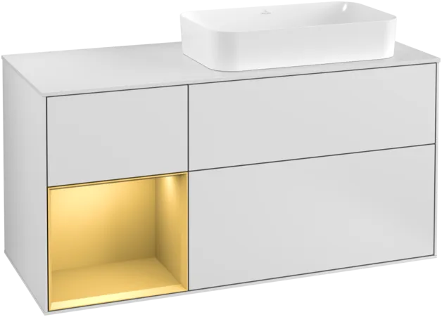 VILLEROY BOCH Toaletní skříňka Finion, s osvětlením, 3 výsuvy, 1200 x 603 x 501 mm, bílý matný lak / zlatý matný lak / bílé matné sklo #F271HFMT