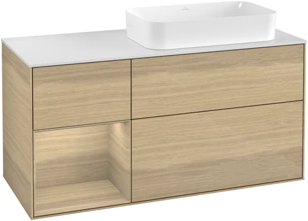 VILLEROY BOCH Toaletní skříňka Finion, s osvětlením, 3 výsuvy, 1200 x 603 x 501 mm, dubová dýha / dubová dýha / sklo bílé matné #F271PCPC