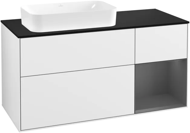 VILLEROY BOCH Toaletní skříňka Finion, s osvětlením, 3 výsuvy, 1200 x 603 x 501 mm, lesklý bílý lak / antracitový matný lak / černé matné sklo #F282GKGF