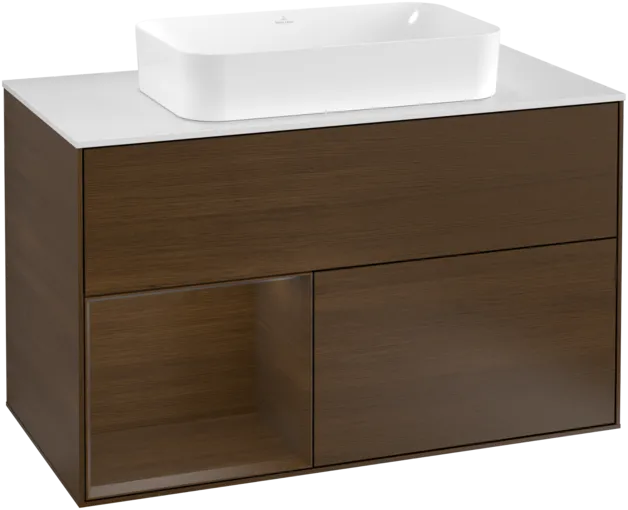 VILLEROY BOCH Toaletní stolek Finion, s osvětlením, 2 výsuvy, 1000 x 603 x 501 mm, ořechová dýha / ořechová dýha / sklo bílé matné #F241GNGN