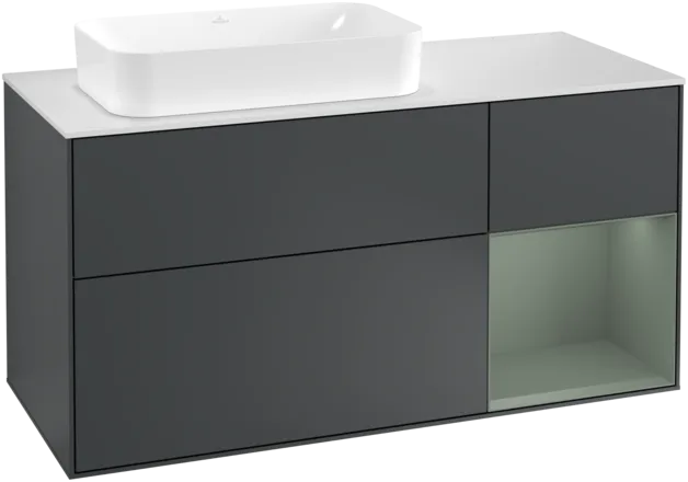 VILLEROY BOCH Toaletní skříňka Finion, s osvětlením, 3 výsuvy, 1200 x 603 x 501 mm, Midnight Blue Matt Lacquer / Olive Matt Lacquer / Glass White Matt #F281GMHG