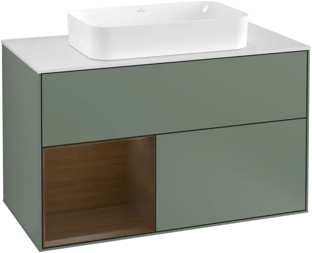 VILLEROY BOCH Toaletní skříňka Finion, s osvětlením, 2 výsuvy, 1000 x 603 x 501 mm, olivový matný lak / ořechová dýha / sklo bílé matné #F241GNGM