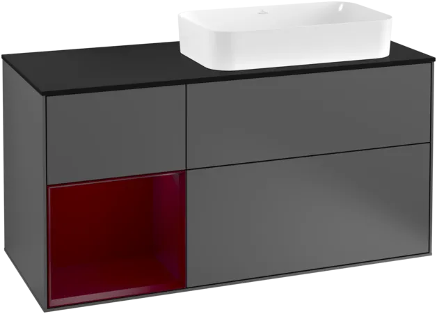 VILLEROY BOCH Toaletní skříňka Finion, s osvětlením, 3 výsuvy, 1200 x 603 x 501 mm, antracitový matný lak / pivoňkový matný lak / černé matné sklo #F272HBGK