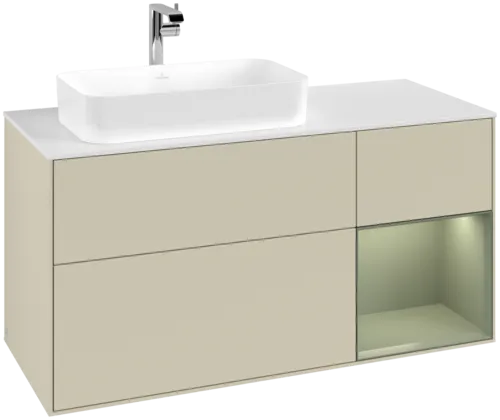 VILLEROY BOCH Toaletní skříňka Finion, s osvětlením, 3 výsuvy, 1200 x 603 x 501 mm, hedvábně šedý matný lak / olivový matný lak / bílé matné sklo #F281GMHJ