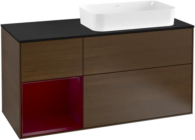 VILLEROY BOCH Toaletní skříňka Finion, s osvětlením, 3 výsuvy, 1200 x 603 x 501 mm, ořechová dýha / matný lak Pivoňka / černé matné sklo #F272HBGN