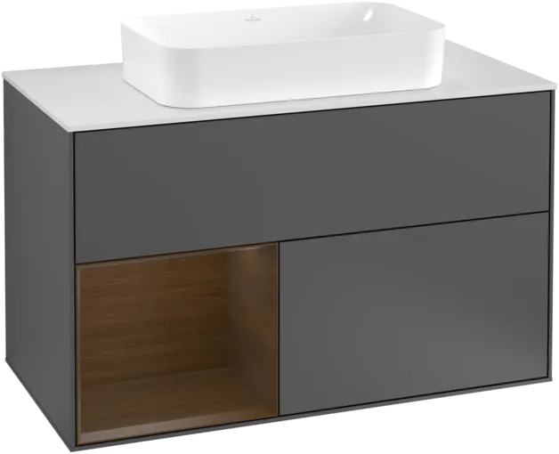VILLEROY BOCH Toaletní skříňka Finion, s osvětlením, 2 výsuvy, 1000 x 603 x 501 mm, antracit matný lak / ořechová dýha / sklo bílé matné #F241GNGK