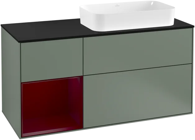 VILLEROY BOCH Toaletní skříňka Finion, s osvětlením, 3 výsuvy, 1200 x 603 x 501 mm, olivový matný lak / pivoňkový matný lak / černé matné sklo #F272HBGM