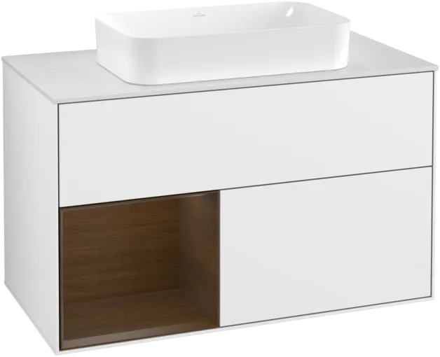 VILLEROY BOCH Toaletní skříňka Finion, s osvětlením, 2 výsuvy, 1000 x 603 x 501 mm, lesklý bílý lak / ořechová dýha / sklo bílé matné #F241GNGF