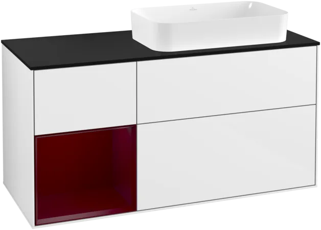 VILLEROY BOCH Toaletní skříňka Finion, s osvětlením, 3 výsuvy, 1200 x 603 x 501 mm, lesklý bílý lak / matný lak Pivoňka / matné černé sklo #F272HBGF