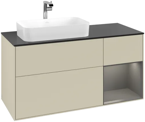 VILLEROY BOCH Toaletní skříňka Finion, s osvětlením, 3 výsuvy, 1200 x 603 x 501 mm, hedvábně šedý matný lak / antracitový matný lak / černé matné sklo #F282GKHJ