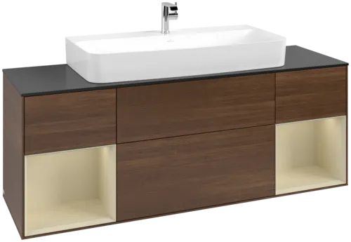 VILLEROY BOCH Toaletní skříňka Finion, s osvětlením, 4 výsuvy, 1600 x 603 x 501 mm, ořechová dýha / hedvábně šedý matný lak / sklo černé matné #F212HJGN