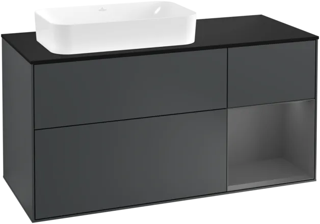 VILLEROY BOCH Toaletní skříňka Finion, s osvětlením, 3 výsuvy, 1200 x 603 x 501 mm, Midnight Blue Matt Lacquer / Anthracite Matt Lacquer / Glass Black Matt #F282GKHG