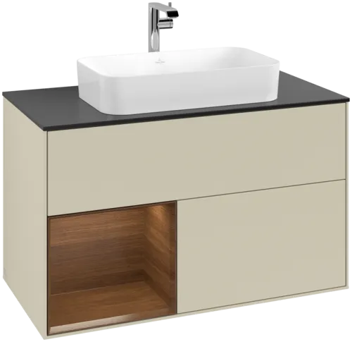 VILLEROY BOCH Toaletní skříňka Finion, s osvětlením, 2 výsuvy, 1000 x 603 x 501 mm, hedvábně šedý matný lak / ořechová dýha / černé matné sklo #F242GNHJ
