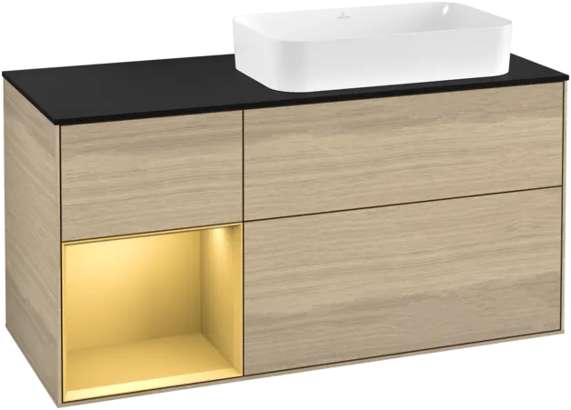 VILLEROY BOCH Toaletní skříňka Finion, s osvětlením, 3 výsuvy, 1200 x 603 x 501 mm, dubová dýha / zlatý matný lak / černé matné sklo #F272HFPC