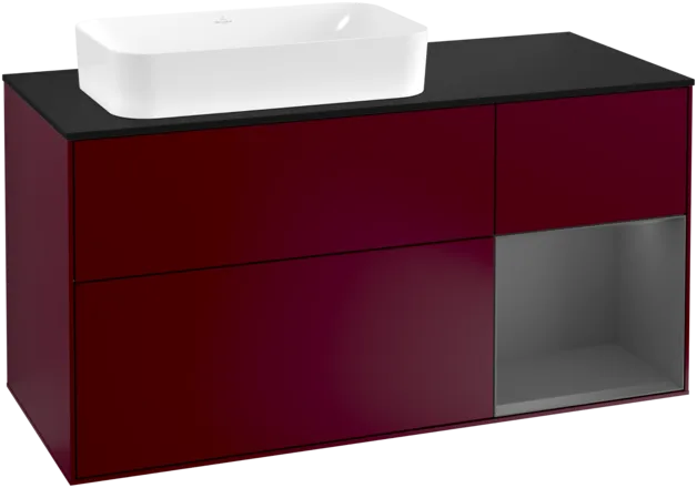 VILLEROY BOCH Toaletní skříňka Finion, s osvětlením, 3 výsuvy, 1200 x 603 x 501 mm, Pivoňka matný lak / Antracit matný lak / Sklo černé matné #F282GKHB
