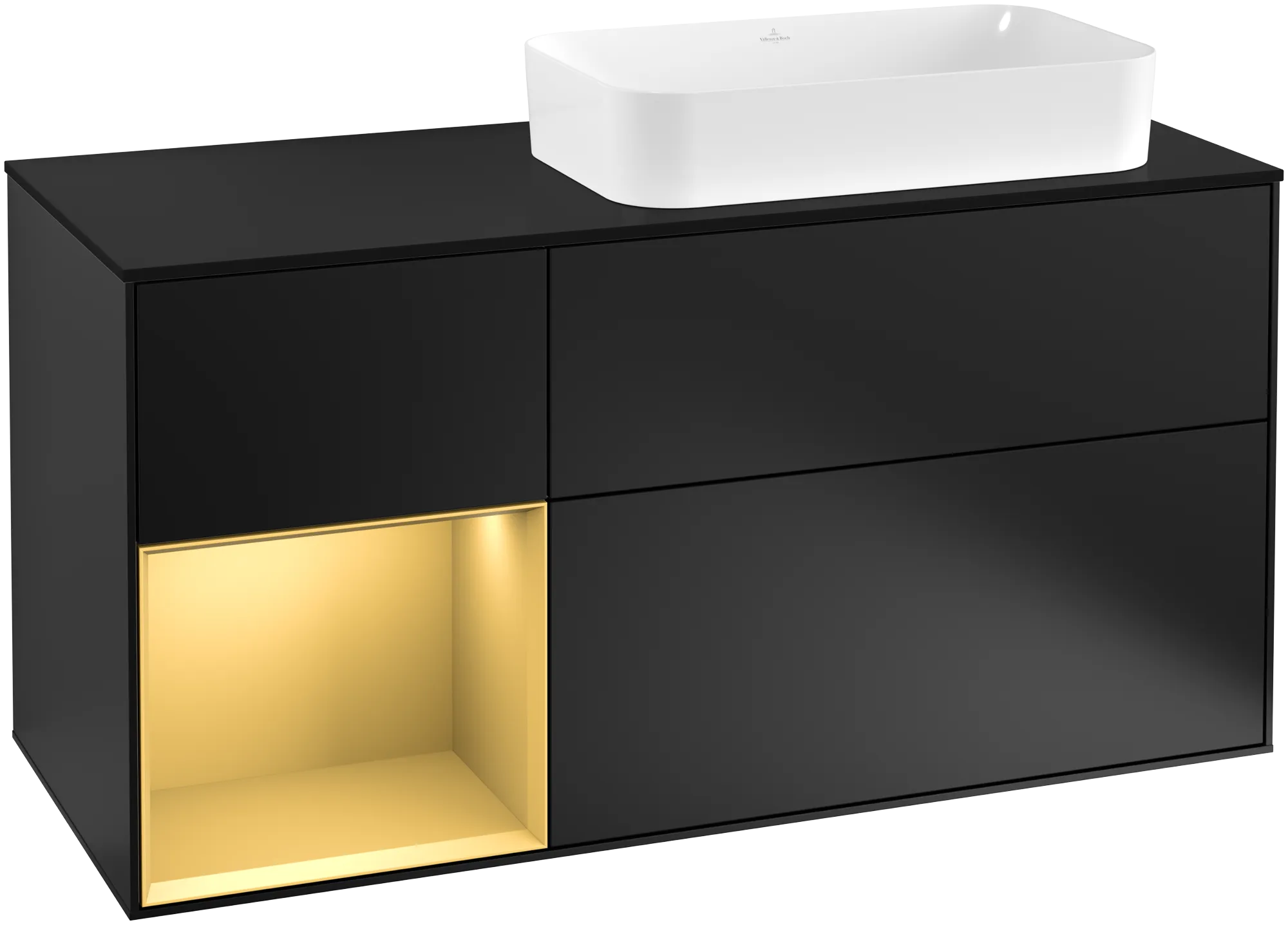 VILLEROY BOCH Toaletní skříňka Finion, s osvětlením, 3 výsuvy, 1200 x 603 x 501 mm, černý matný lak / zlatý matný lak / černé matné sklo #F272HFPD
