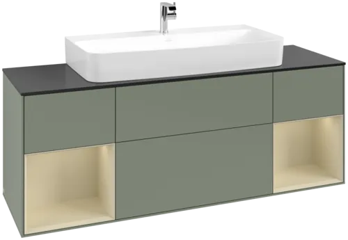VILLEROY BOCH Toaletní skříňka Finion, s osvětlením, 4 výsuvy, 1600 x 603 x 501 mm, olivový matný lak / hedvábně šedý matný lak / černé matné sklo #F212HJGM