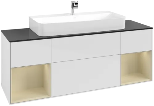 VILLEROY BOCH Toaletní skříňka Finion, s osvětlením, 4 výsuvy, 1600 x 603 x 501 mm, lesklý bílý lak / hedvábně šedý matný lak / černé matné sklo #F212HJGF