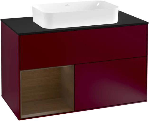 VILLEROY BOCH Toaletní stolek Finion, s osvětlením, 2 výsuvy, 1000 x 603 x 501 mm, matný lak Peony / ořechová dýha / černé matné sklo #F242GNHB