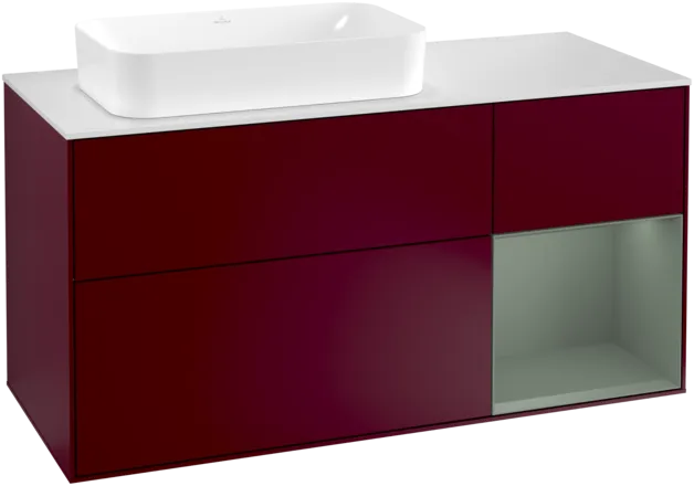 VILLEROY BOCH Toaletní skříňka Finion, s osvětlením, 3 výsuvy, 1200 x 603 x 501 mm, Pivoňka matný lak / Olivový matný lak / Sklo bílé matné #F281GMHB
