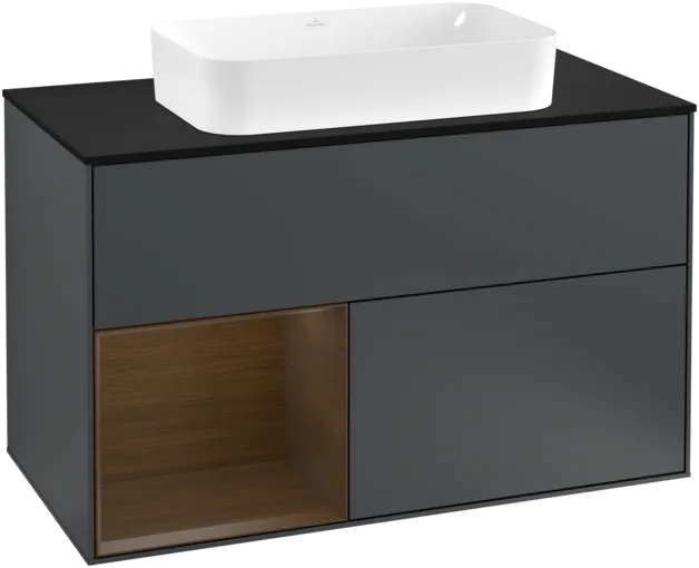 VILLEROY BOCH Toaletní skříňka Finion, s osvětlením, 2 výsuvy, 1000 x 603 x 501 mm, půlnočně modrý matný lak / ořechová dýha / černé matné sklo #F242GNHG