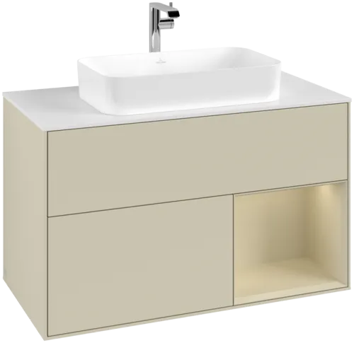 VILLEROY BOCH Toaletní skříňka Finion, s osvětlením, 2 výsuvy, 1000 x 603 x 501 mm, Silk Grey Matt Lacquer / Silk Grey Matt Lacquer / Glass White Matt #F251HJHJ