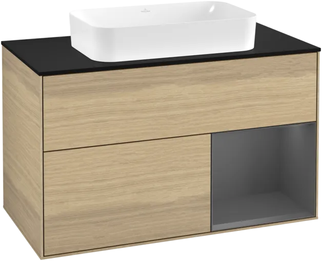 VILLEROY BOCH Toaletní skříňka Finion, s osvětlením, 2 výsuvy, 1000 x 603 x 501 mm, dubová dýha / antracitový matný lak / černé matné sklo #F252GKPC