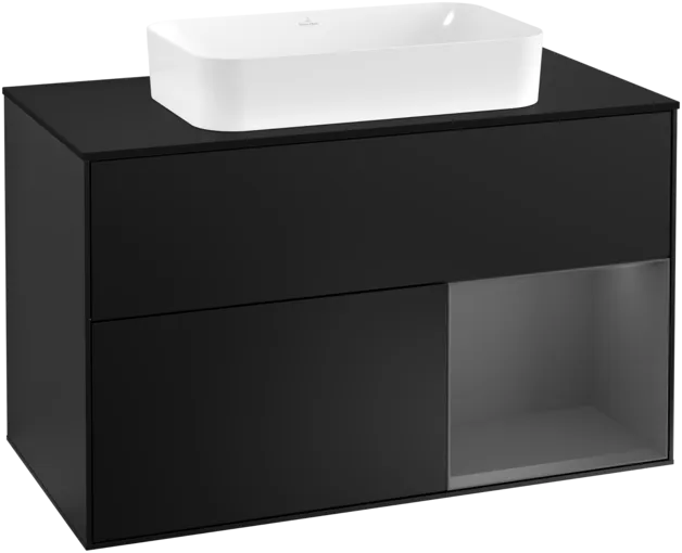 VILLEROY BOCH Toaletní skříňka Finion, s osvětlením, 2 výsuvy, 1000 x 603 x 501 mm, černý matný lak / antracitový matný lak / černé matné sklo #F252GKPD