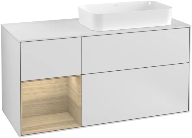 VILLEROY BOCH Toaletní skříňka Finion, s osvětlením, 3 výsuvy, 1200 x 603 x 501 mm, bílý matný lak / dubová dýha / sklo bílé matné #F271PCMT