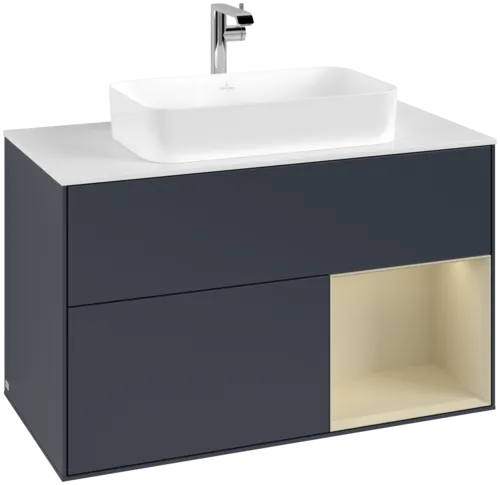 VILLEROY BOCH Toaletní skříňka Finion, s osvětlením, 2 výsuvy, 1000 x 603 x 501 mm, Midnight Blue Matt Lacquer / Silk Grey Matt Lacquer / Glass White Matt #F251HJHG