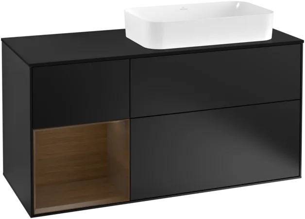 VILLEROY BOCH Toaletní skříňka Finion, s osvětlením, 3 výsuvy, 1200 x 603 x 501 mm, černý matný lak / ořechová dýha / černé matné sklo #F272GNPD