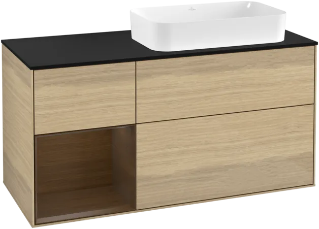 VILLEROY BOCH Toaletní stolek Finion, s osvětlením, 3 výsuvy, 1200 x 603 x 501 mm, dubová dýha / ořechová dýha / sklo černé matné #F272GNPC
