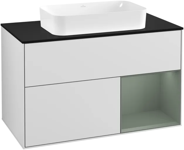 VILLEROY BOCH Toaletní skříňka Finion, s osvětlením, 2 výsuvy, 1000 x 603 x 501 mm, bílý matný lak / olivový matný lak / černé matné sklo #F252GMMT