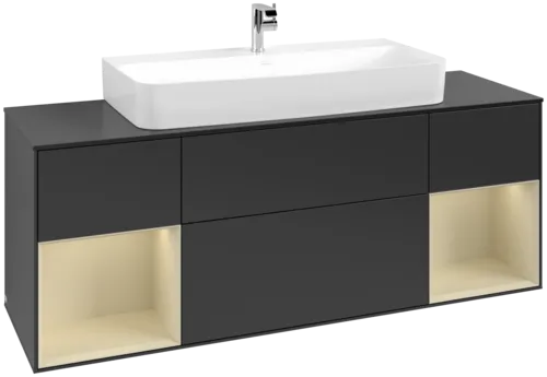 VILLEROY BOCH Toaletní skříňka Finion, s osvětlením, 4 výsuvy, 1600 x 603 x 501 mm, černý matný lak / hedvábně šedý matný lak / černé matné sklo #F212HJPD