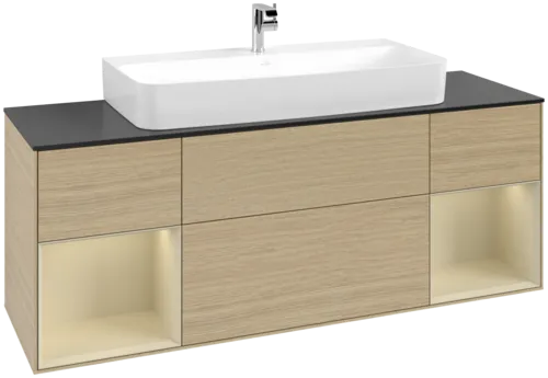 VILLEROY BOCH Toaletní skříňka Finion, s osvětlením, 4 výsuvy, 1600 x 603 x 501 mm, dubová dýha / hedvábně šedý matný lak / sklo černé matné #F212HJPC