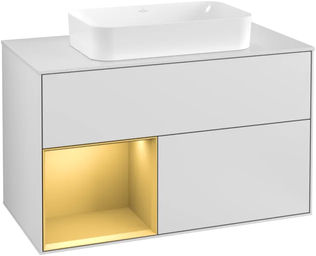 VILLEROY BOCH Toaletní skříňka Finion, s osvětlením, 2 výsuvy, 1000 x 603 x 501 mm, bílý matný lak / zlatý matný lak / sklo bílé matné #F241HFMT