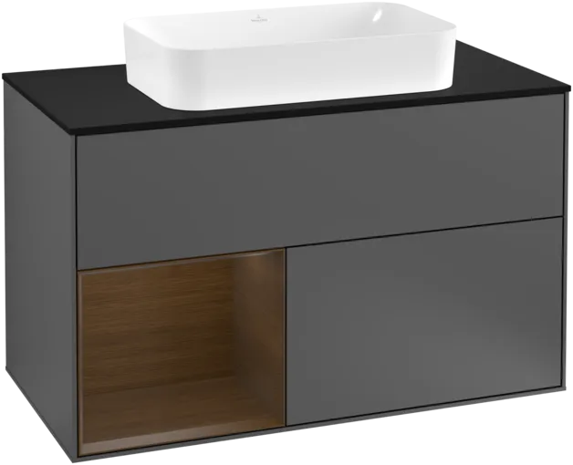 VILLEROY BOCH Toaletní skříňka Finion, s osvětlením, 2 výsuvy, 1000 x 603 x 501 mm, antracitový matný lak / ořechová dýha / černé matné sklo #F242GNGK