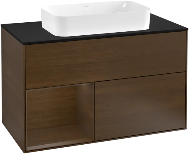VILLEROY BOCH Toaletní stolek Finion, s osvětlením, 2 výsuvy, 1000 x 603 x 501 mm, ořechová dýha / ořechová dýha / sklo černé matné #F242GNGN