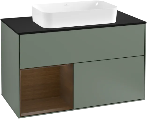 VILLEROY BOCH Toaletní skříňka Finion, s osvětlením, 2 výsuvy, 1000 x 603 x 501 mm, olivový matný lak / ořechová dýha / černé matné sklo #F242GNGM